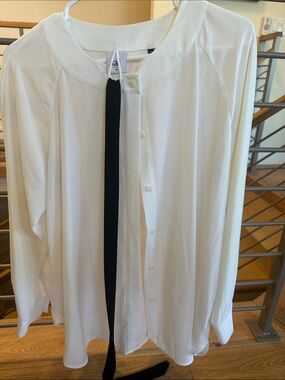 CAbi White Top with Black Neck Tie and White Stitch Accent